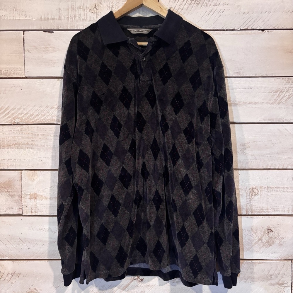 David Taylor Long Sleeve‎ Polo Shirt Argyle Men's Size Large